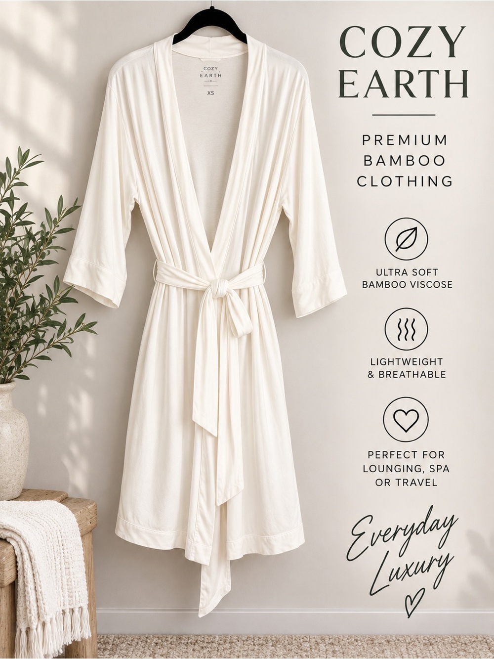 Cozy Earth XS White Bamboo Viscose Robe Lightweight Kimono Spa Bathrobe